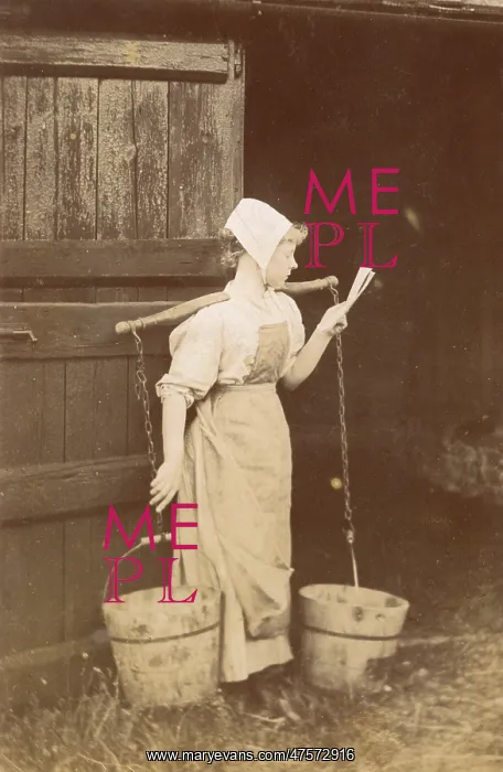: A milkmaid carrying two buckets of milk : A milkmaid carrying two buckets of milk