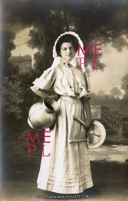  : A milkmaid posing with a milk jug and milking stool