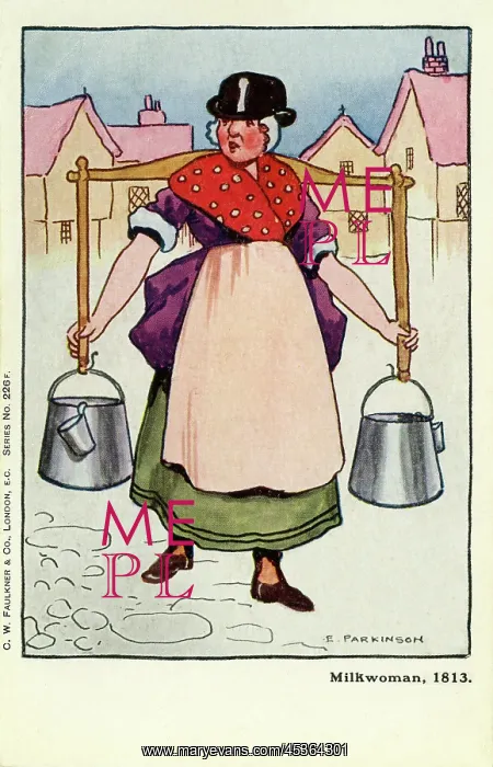 : Milkwoman. A milkwoman of 1813 carrying pails of milk on a yoke. Artist: Ethel Parkinson : Milkwoman. A milkwoman of 1813 carrying pails of milk on a yoke. Artist: Ethel Parkinson