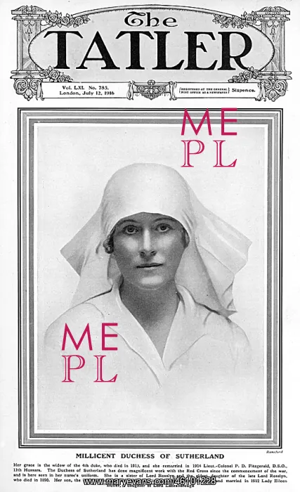 : Millicent, Duchess of Sutherland as a nurse, Tatler cover, W : Millicent, Duchess of Sutherland as a nurse, Tatler cover, W