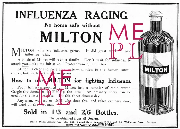 : Milton influenza advertisement, 1919 : Milton influenza advertisement, 1919