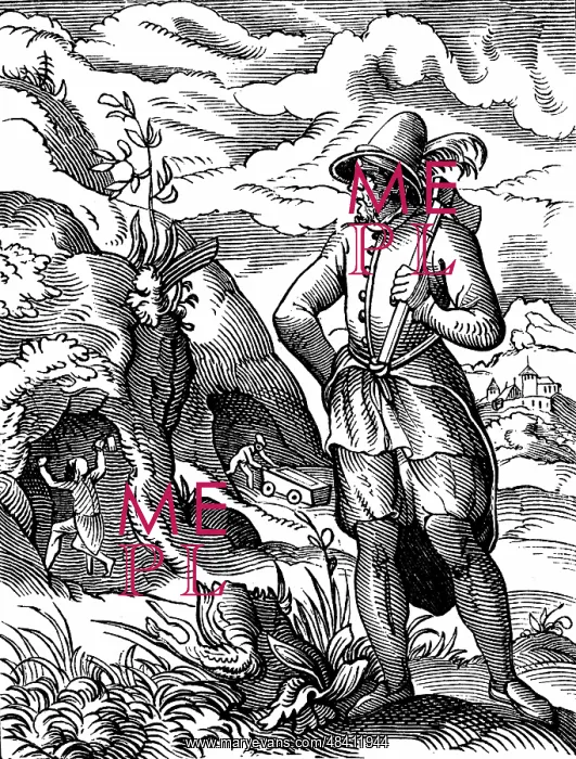 : The Miner: In background man is working at rockface : The Miner: In background man is working at rockface