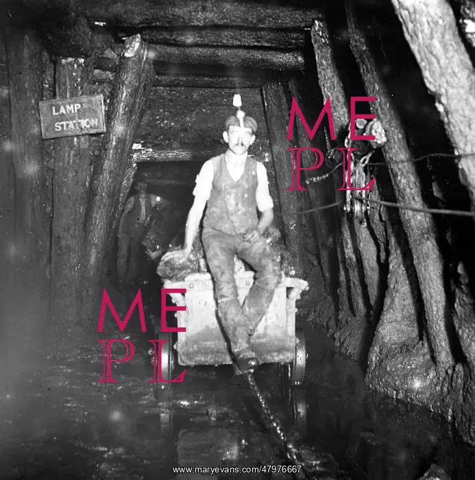 : Miner riding drams, Tirpentwys Colliery, South Wales : Miner riding drams, Tirpentwys Colliery, South Wales