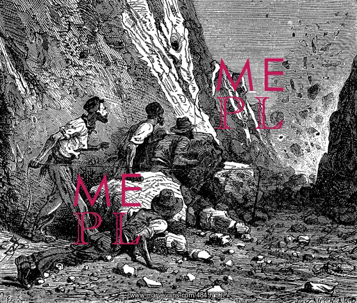 : Miners using dynamite for blasting. Wood engraving : Miners using dynamite for blasting. Wood engraving