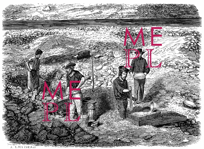: Miners washing for gold using cradles and pans: : Miners washing for gold using cradles and pans: