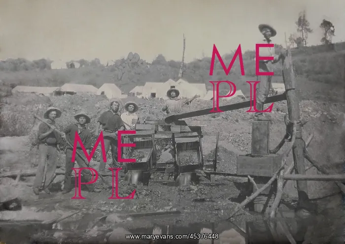 : Six miners work with a placer mining apparatus : Six miners work with a placer mining apparatus