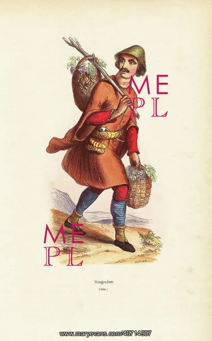 : Mingrelian man in hat, tunic over trousers, carrying baskets : Mingrelian man in hat, tunic over trousers, carrying baskets