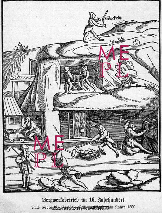 : mining, mine in the 16th century, woodcut after : mining, mine in the 16th century, woodcut after