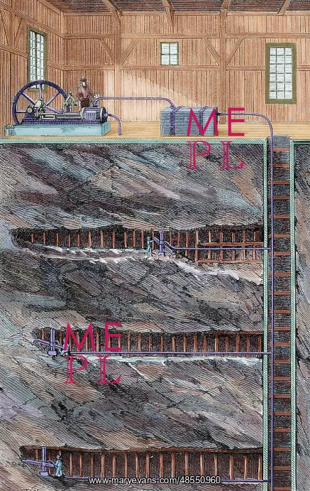 : Mining. Coal mine with several floors. Colored engraving : Mining. Coal mine with several floors. Colored engraving