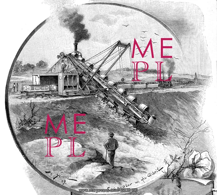 : mining, machines, excavator, wood engraving after : mining, machines, excavator, wood engraving after