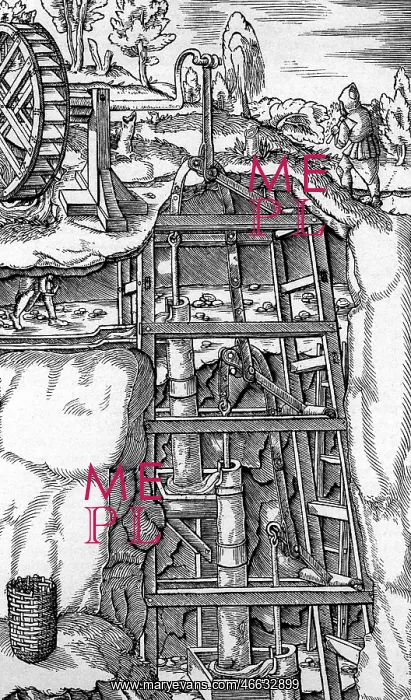 : mining, mine, pump station, woodcut from Vom : mining, mine, pump station, woodcut from Vom