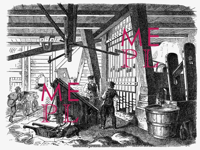 : mining, ore mining, dry stamp mill, wood engraving : mining, ore mining, dry stamp mill, wood engraving