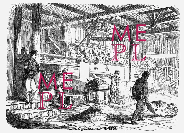 : mining, ore mining, wet stamp mill, wood engraving : mining, ore mining, wet stamp mill, wood engraving