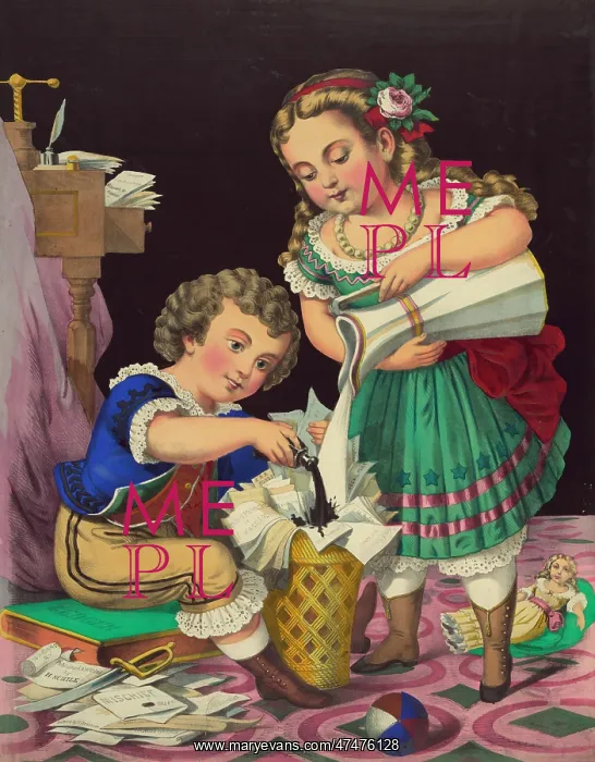 : Mischief. Print showing a boy and a girl pouring ink and water on papers they removed : Mischief. Print showing a boy and a girl pouring ink and water on papers they removed