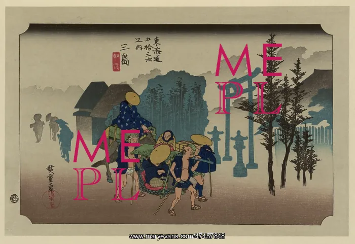 : Mishima. Print shows travelers in sedan chairs, on horseback, : Mishima. Print shows travelers in sedan chairs, on horseback,