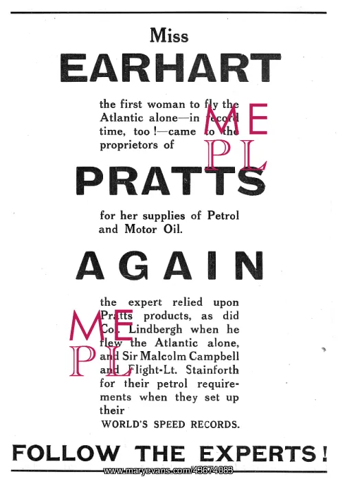 : Miss Earhart Chose Pratts Aviation : Miss Earhart Chose Pratts Aviation