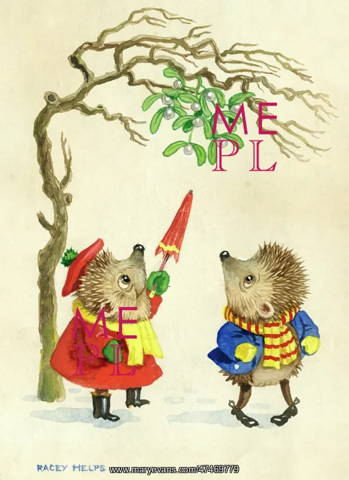 : The Mistletoe Bough - two hedgehogs under tree : The Mistletoe Bough - two hedgehogs under tree