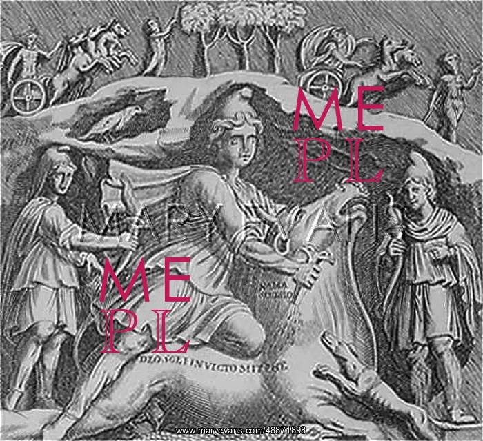 : MITHRAS depicted slaying a bull in a cavern, lighted by torches, while the Sun : MITHRAS depicted slaying a bull in a cavern, lighted by torches, while the Sun