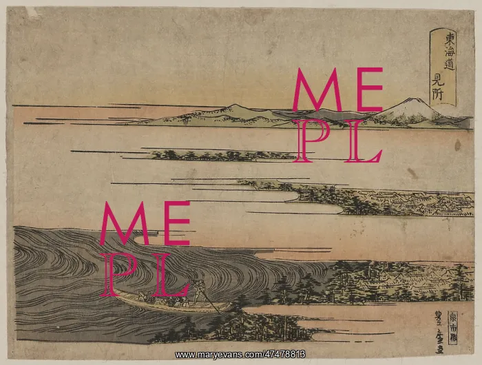 : Mitsuke. Print shows a man poling a boat filled with passengers on the : Mitsuke. Print shows a man poling a boat filled with passengers on the