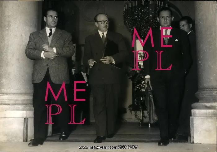 : Mitterrand, Mollet and Maunoury leaving Elysee Palace, Paris : Mitterrand, Mollet and Maunoury leaving Elysee Palace, Paris
