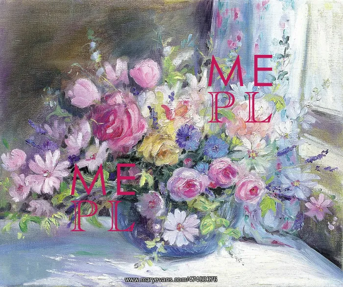 : Mixed Flowers by Window Sill ' Cornflowers, pink and yellow : Mixed Flowers by Window Sill ' Cornflowers, pink and yellow