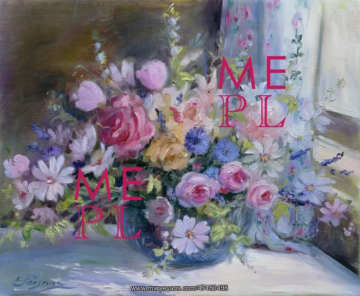 : Mixed Flowers by a Window Sill ' Roses etc : Mixed Flowers by a Window Sill ' Roses etc