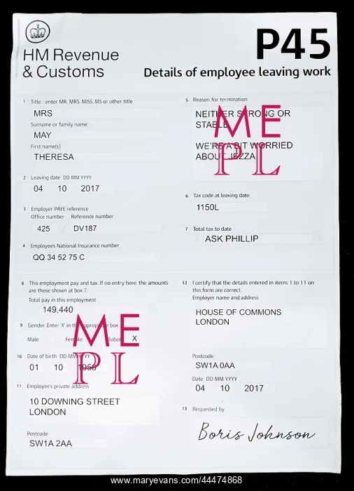 : Mock Up Of Theresa May P45 : Mock Up Of Theresa May P45