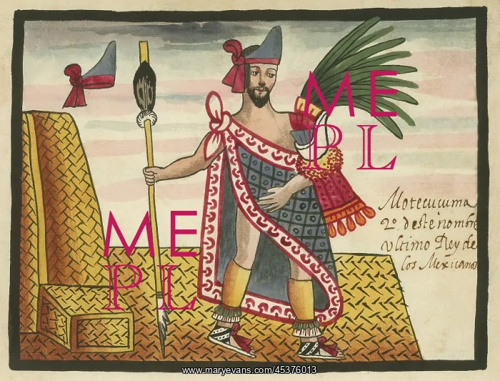 : Moctezuma II, holds a scepter while standing : Moctezuma II, holds a scepter while standing