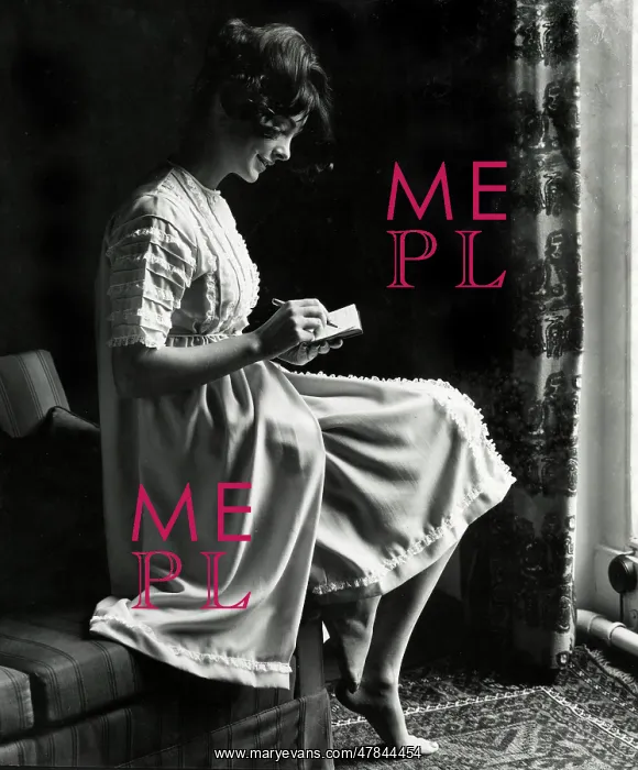 : Model in a multi-part nightgown sits on sofa arm with diary : Model in a multi-part nightgown sits on sofa arm with diary