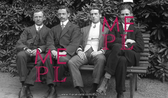 : Moffat Hydro grounds - four men on a bench : Moffat Hydro grounds - four men on a bench