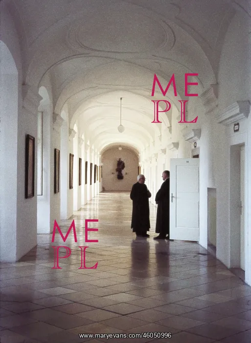 : Monastery corridor with monks : Monastery corridor with monks