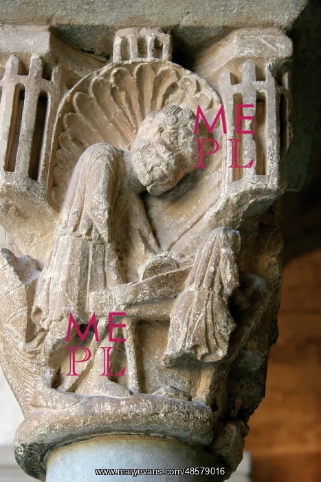 : Monastery of Sant Cugat. Capital depicting a carpenter. Cata : Monastery of Sant Cugat. Capital depicting a carpenter. Cata