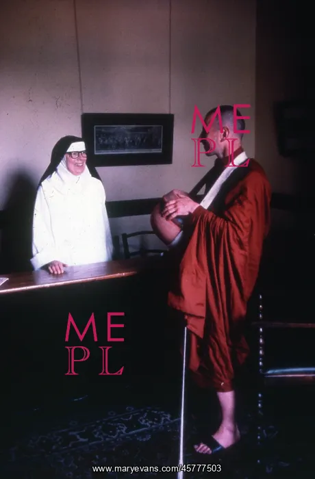 : Monastic life - nun chats with man : Monastic life - nun chats with man