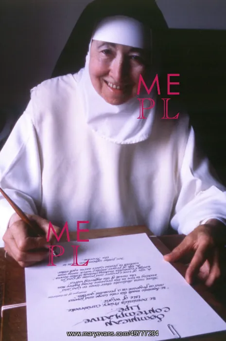 : Monastic life - nun doing calligraphy, Carisbrooke Priory : Monastic life - nun doing calligraphy, Carisbrooke Priory