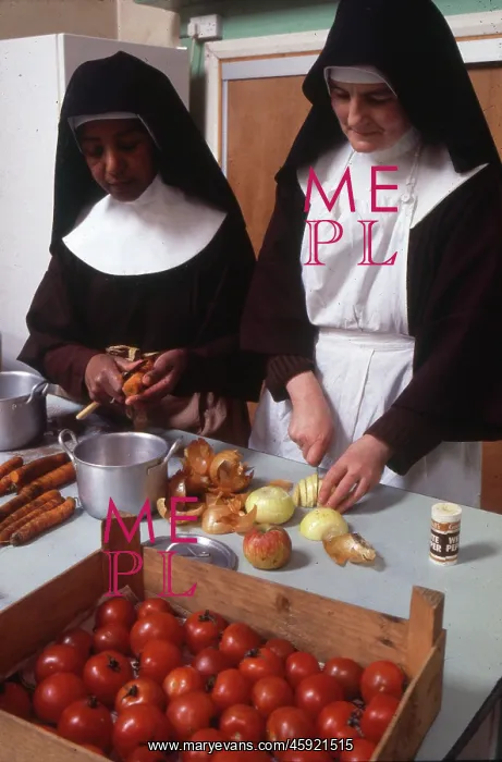 : Monastic life - preparing vegetables in convent kitchen : Monastic life - preparing vegetables in convent kitchen