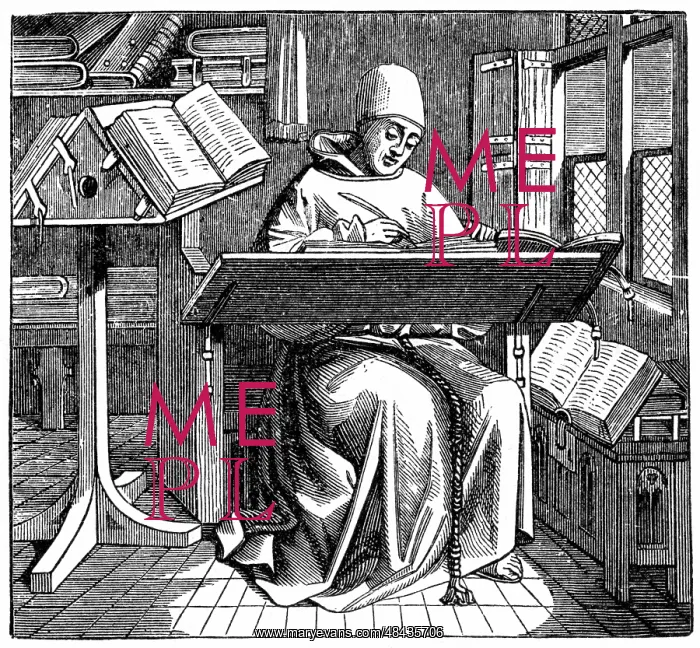 : Monk at work on a manuscript in the corner of : Monk at work on a manuscript in the corner of
