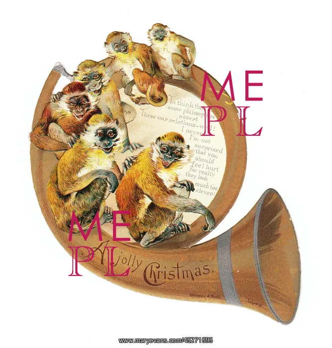  : Six monkeys on a horn-shaped Christmas card