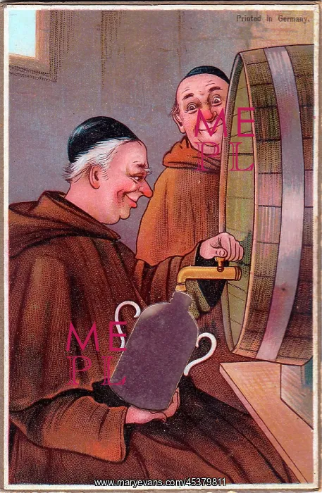 : Two monks with barrel on a comic German greetings card : Two monks with barrel on a comic German greetings card