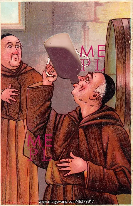 : Two monks with barrel on a comic German greetings card : Two monks with barrel on a comic German greetings card