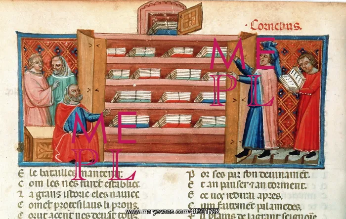 : Monks and students in a library. 15th century : Monks and students in a library. 15th century