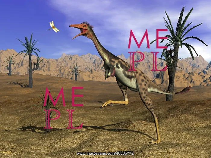 : Mononykus dinosaur chasing a dragonfly in the desert : Mononykus dinosaur chasing a dragonfly in the desert