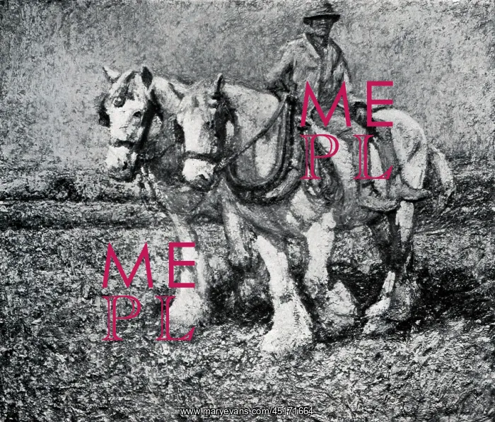 : Morning. Oil painting of two great travelling horses with a man riding one of them : Morning. Oil painting of two great travelling horses with a man riding one of them