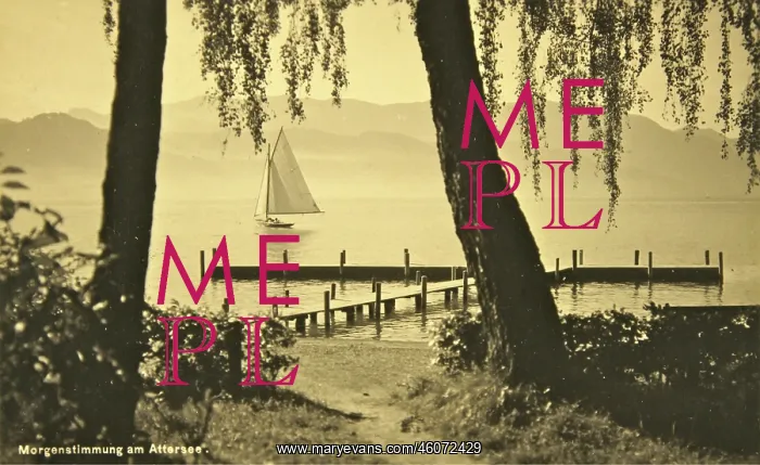 : Morning at the Attersee. Sailboat in front of a : Morning at the Attersee. Sailboat in front of a