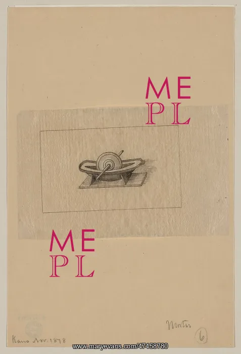: Mortar. Drawing shows a stone(?) wheel pestle on a spool in a tray; mortar and pestle : Mortar. Drawing shows a stone(?) wheel pestle on a spool in a tray; mortar and pestle