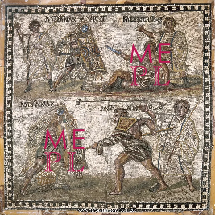 : Mosaic of gladiators, third century. Two scenes : Mosaic of gladiators, third century. Two scenes