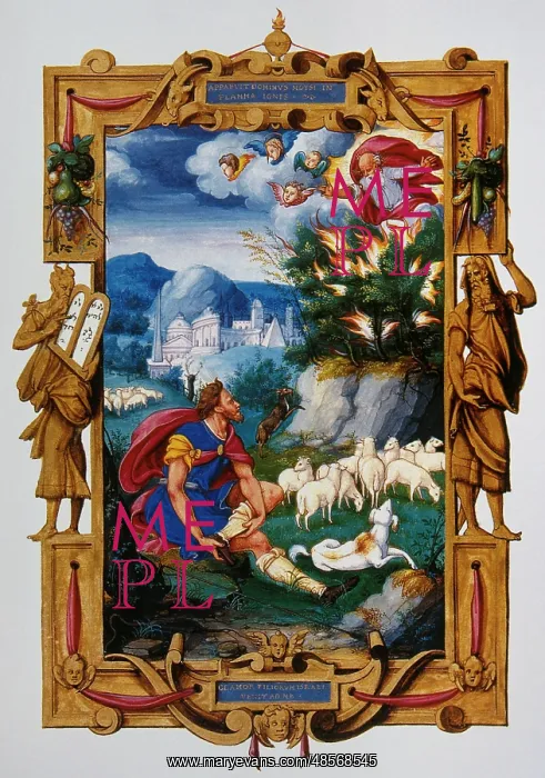 : Moses and the Burning Bush. Miniature. 16th century. France : Moses and the Burning Bush. Miniature. 16th century. France