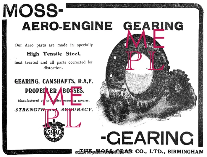 : Moss Aero Engine Gearing -1919 : Moss Aero Engine Gearing -1919