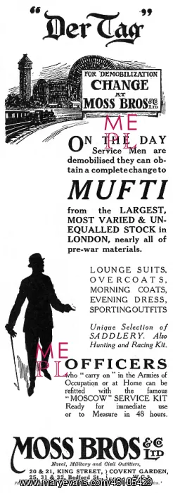 : Moss Bros advertisement, end of WW1, demobilisation : Moss Bros advertisement, end of WW1, demobilisation