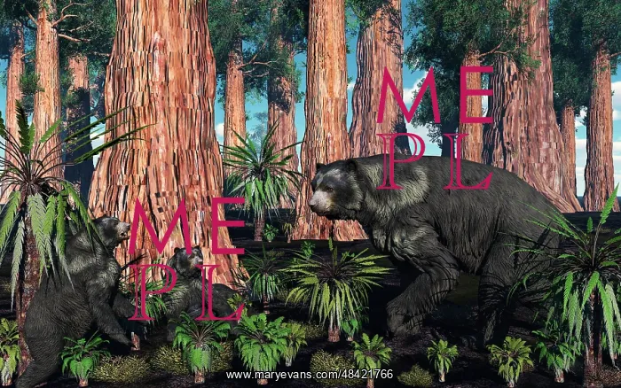 : A mother Arctodus bear with her twin cubs : A mother Arctodus bear with her twin cubs