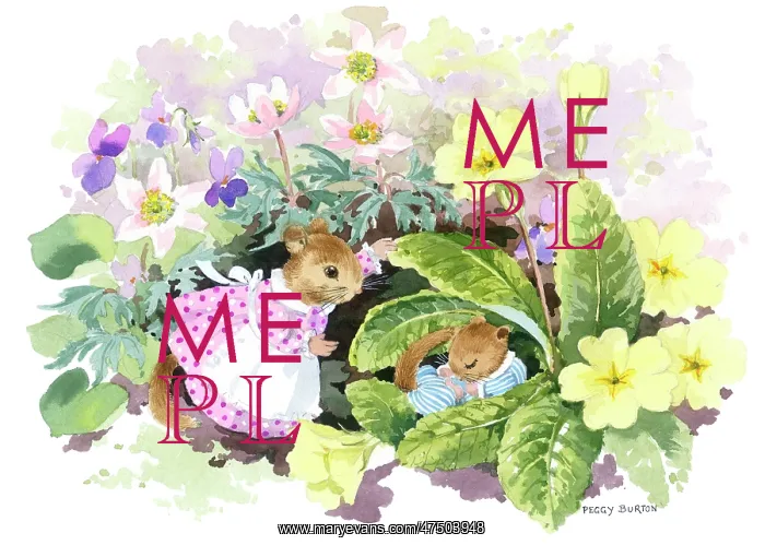 : Mother and baby mouse among primroses : Mother and baby mouse among primroses